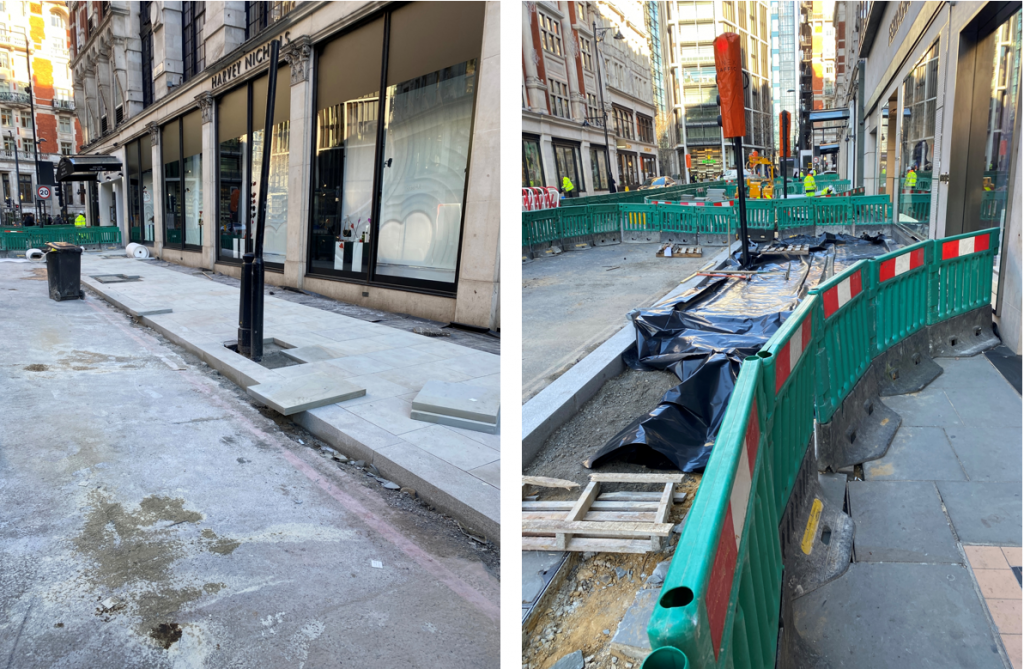 New granite kerbstones and Yorkstone pavers have been laid outside Harvey Nichols